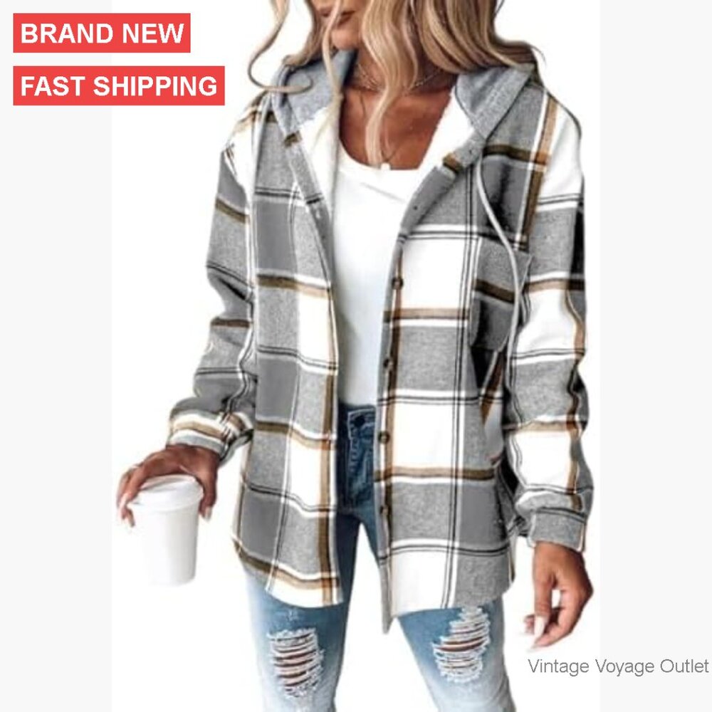 Fleece Lined Plaid Shacket Hooded Jacket Women's Casual Warm Coat